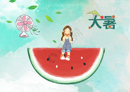 坐在西瓜中吃瓜的女孩大暑设计图片