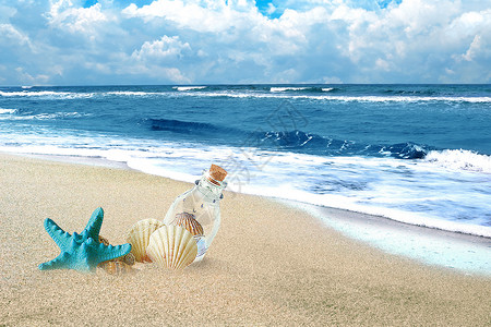 沙滩漂流瓶夏日沙滩设计图片