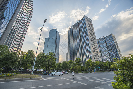 蓝色企业工作证城市高楼大厦背景