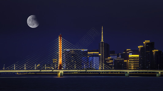 城市月亮素材钱江三桥月色背景