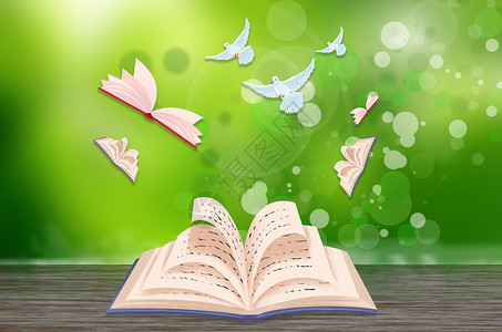 绿草木板吊牌木板台上飞扬的书本设计图片