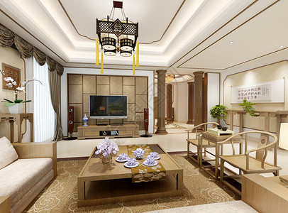 桌椅组合新中式客厅效果图背景