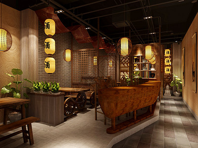 新中式红木家具某中式酒馆装修效果图背景