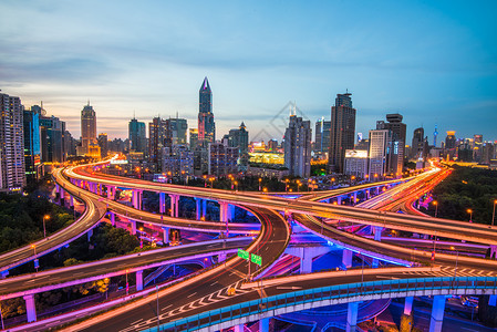 灯车流上海城市环形高架立交桥夜景背景