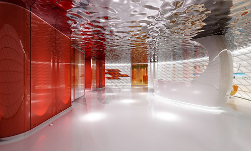 走廊照片展示墙红色现代格调前台大堂效果图背景