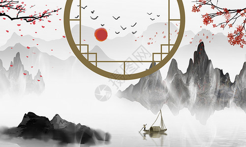 江南山水画水墨中国风设计图片