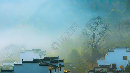 岭江西婺源山村晨雾背景