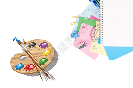 调色板画笔画架课桌上的绘画文具设计图片