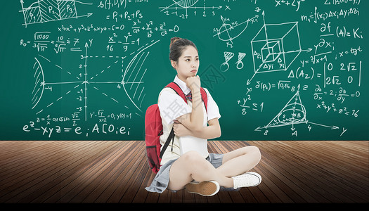 健康儿童学习学校学生孩子黑板前害怕数学几何课的女学生设计图片
