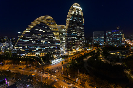 北京望京商业区建筑夜景高清图片