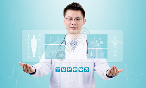 数据大屏对称手捧医疗大屏的医生设计图片