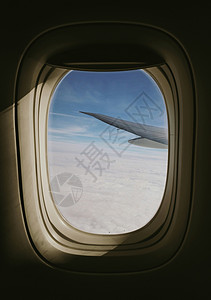 白云上的航空飞机舷窗景色背景
