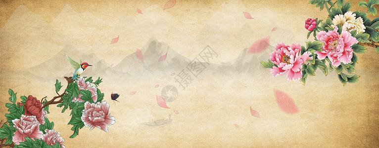 牡丹树中国风水墨画设计图片