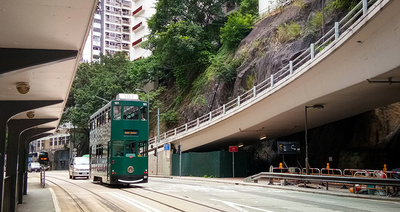 巴士标志香港城市街景公交车叮叮车老电车背景