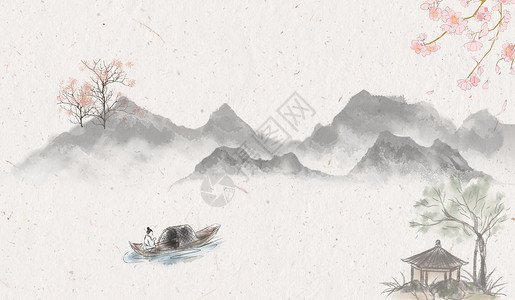 壁纸樱花中国风水墨山水画设计图片