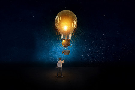 让思想飞起来飞翔的灯泡热气球设计图片