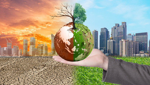 植物手手中地球环境污染对比设计图片