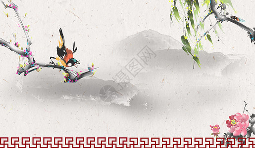 砖墙底纹中国风花鸟图设计图片