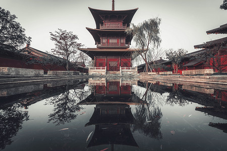 日本锦鲤广富林古塔寺庙背景