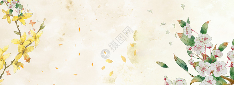 黄色花卉盆栽水墨花卉渲染图设计图片