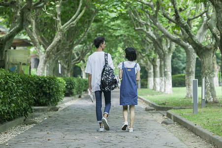 学校林荫道上男女同学下课一起交流背景图片