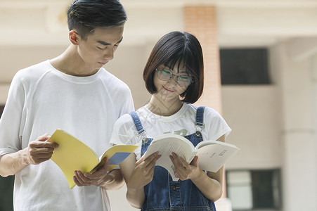 学校里男女同学学习看书背景图片