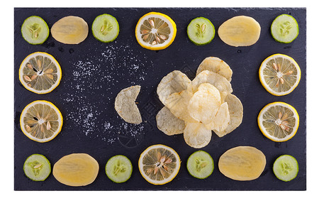 ps素材石板黄瓜柠檬薯片素材背景