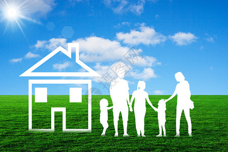 家人与草地上的房子高清图片