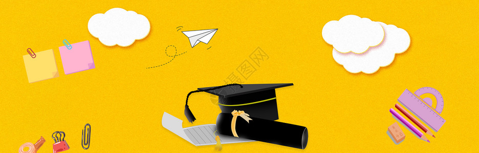 书与笔黄色背景与学士帽设计图片
