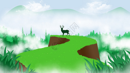 烟雾气朦胧迷雾山林中的鹿插画