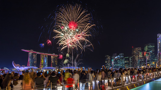 烟花表演新加坡52周年国庆高清图片
