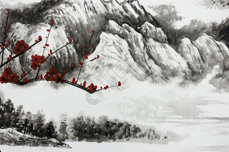 红色山水画中国传统水墨国画艺术背景