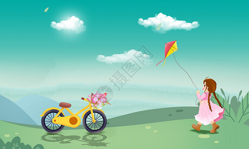 骑自行车风筝绿色郊游设计图片