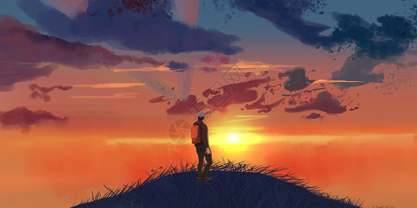 少年登山顶看夕阳插画图片