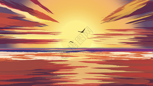 海平面手绘夕阳西下插画