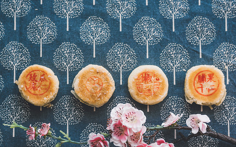褶皱花布素材中秋传统美食老月饼背景