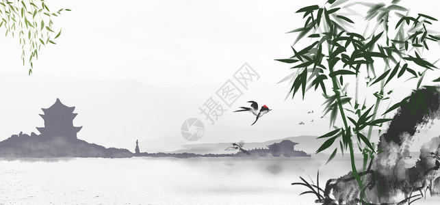 远山水面上船中国风水墨古典图设计图片