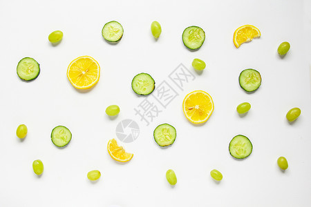 全套材料配置表青提柠檬黄瓜片夏季新鲜水果静物白底素材背景