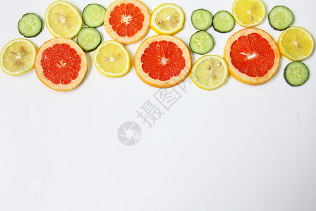 水果集合柠檬西柚黄瓜片夏季水果静物白底素材背景