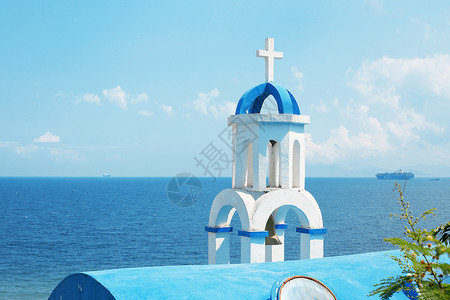 白蓝色希腊爱琴海的教堂背景