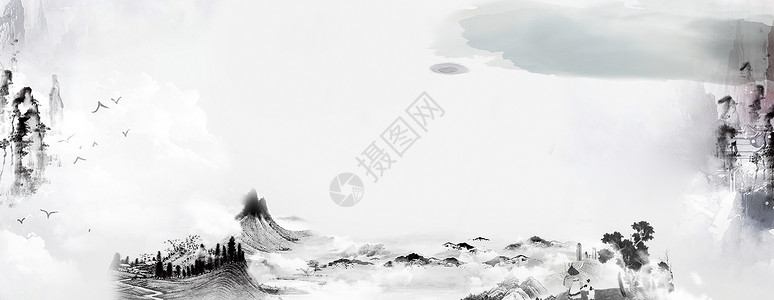 中国风绘画美景灰色云朵banner背景图片
