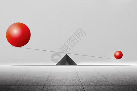 红色几何形状红色球体在跷跷板上设计图片