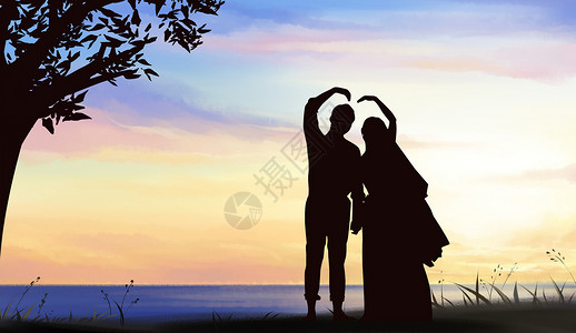 古代婚礼夫妻浪漫求婚剪影设计图片