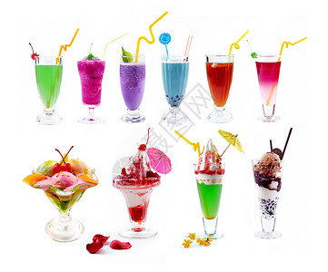 草莓杯子冰激凌各种饮料和冷饮组合背景