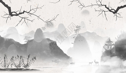 水墨画船中国风背景设计图片