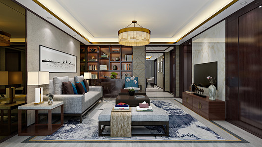 新中式室内家居新中式客厅室内设计效果图背景