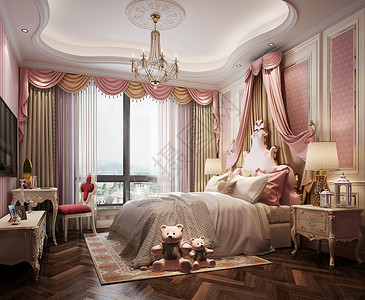 粉红色背景墙公主房卧室室内设计效果图背景