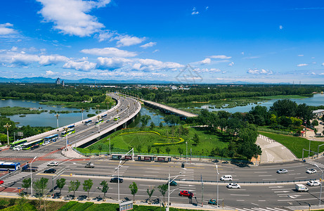 城市绿树北京城市桥梁道路交通风景背景