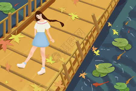 池塘边的少女插画背景图片