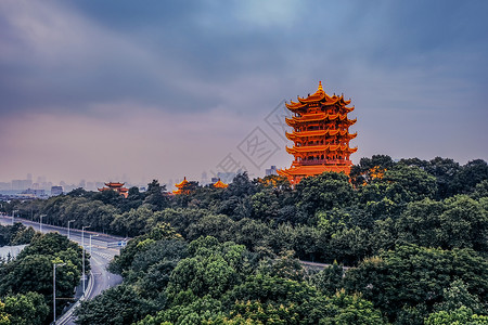 湖北地标武汉黄昏黄鹤楼背景